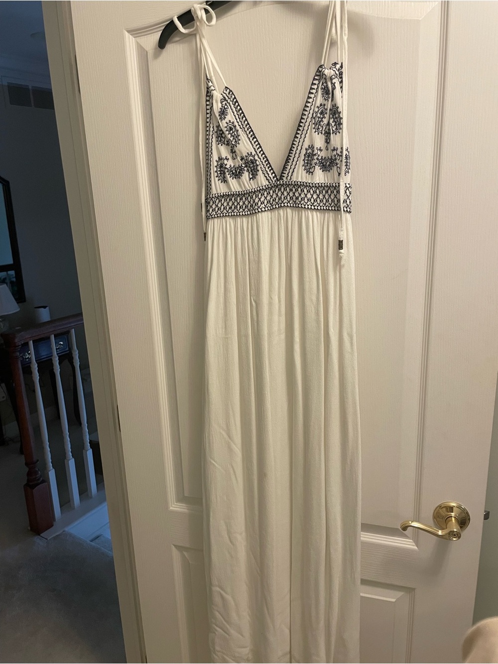 White Maxi Dress with Navy Embroidered Bodice